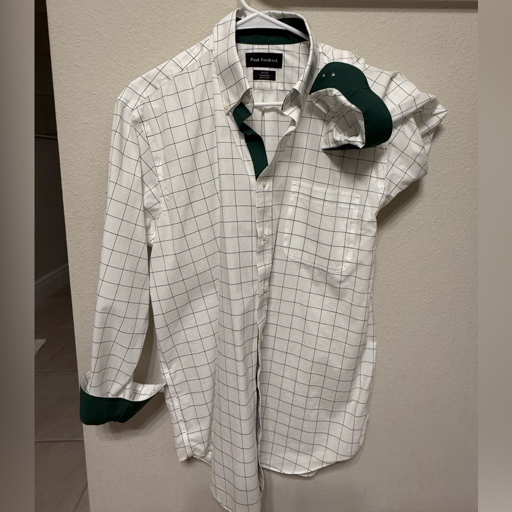 LIKE NEW Paul Fredrick 🟩 green windowpane dress shirt with contrast trim 16 x 33